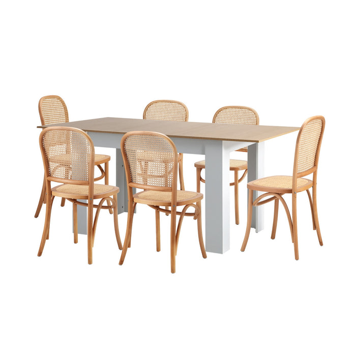 160Cm Extendable Dining Table With 6Pcs Dining Chairs Rattan Natural