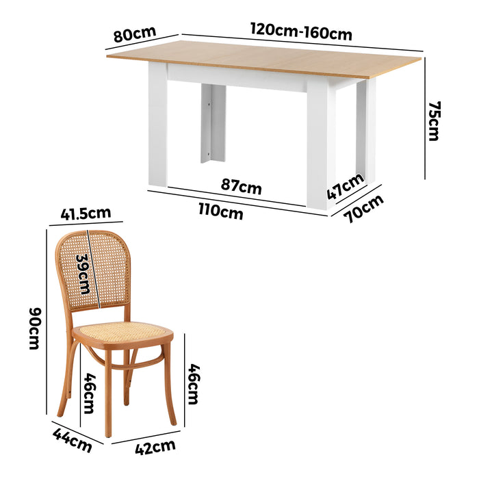 160Cm Extendable Dining Table With 6Pcs Dining Chairs Rattan Natural