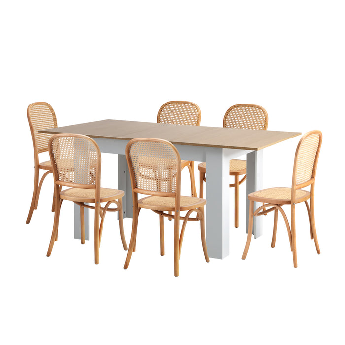 160Cm Extendable Dining Table With 6Pcs Dining Chairs Rattan Natural