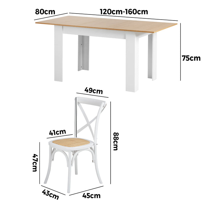 160Cm Extendable Dining Table With 6Pcs Dining Chairs Crossback White