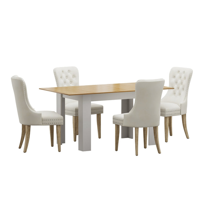 160Cm Extendable Dining Table With 4Pcs Dining Chairs Velvet Beige