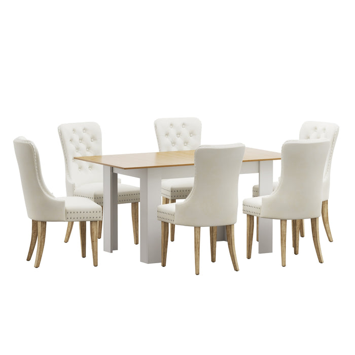 160Cm Extendable Dining Table With 6Pcs Dining Chairs Velvet Beige