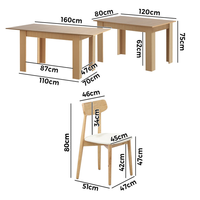 160Cm Extendable Dining Table With 4X Dining Chairs Pu Leather Natural