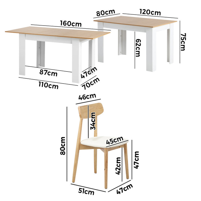 160Cm Extendable Dining Table With 6X Dining Chairs Pu Leather White
