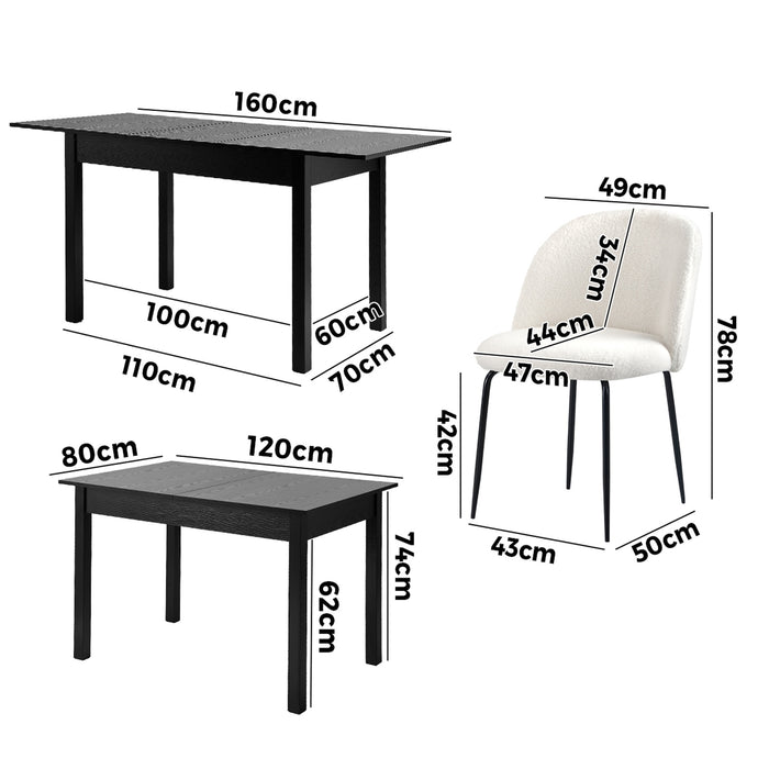 5Pc Extenable Dining Table And Chairs Kitchen Dining Set Black & White