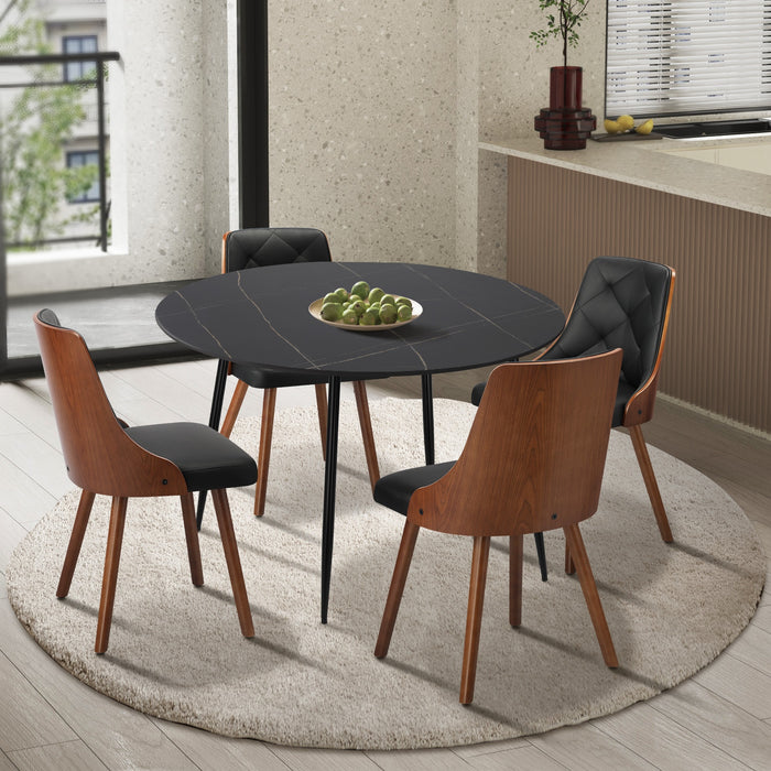 110Cm Round Dining Table With 4Pcs Dining Chairs Faux Leather Black