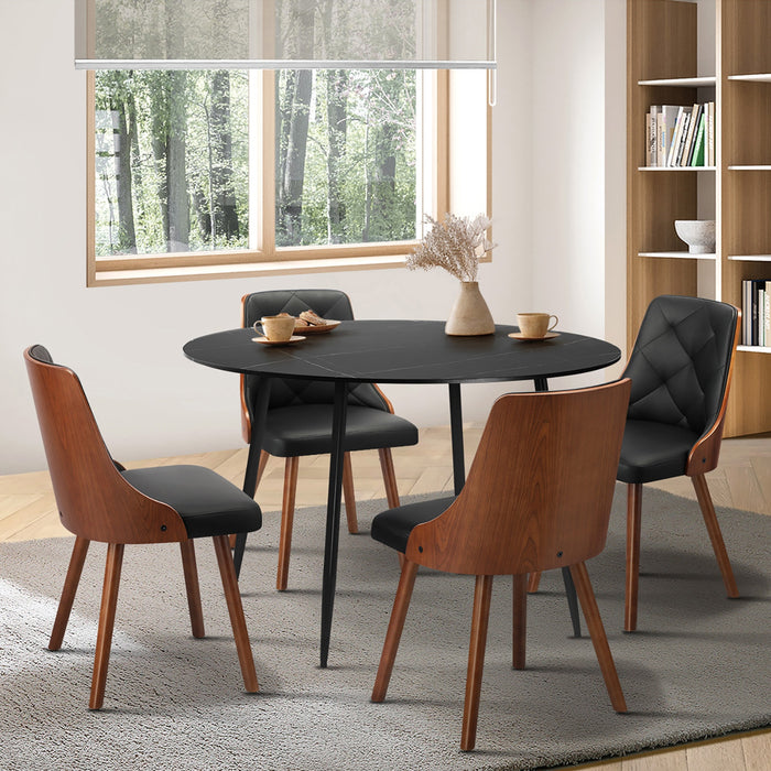 110Cm Round Dining Table With 4Pcs Dining Chairs Faux Leather Black