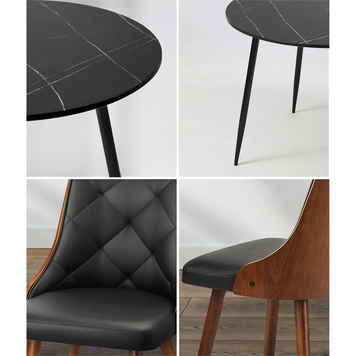 110Cm Round Dining Table With 4Pcs Dining Chairs Faux Leather Black