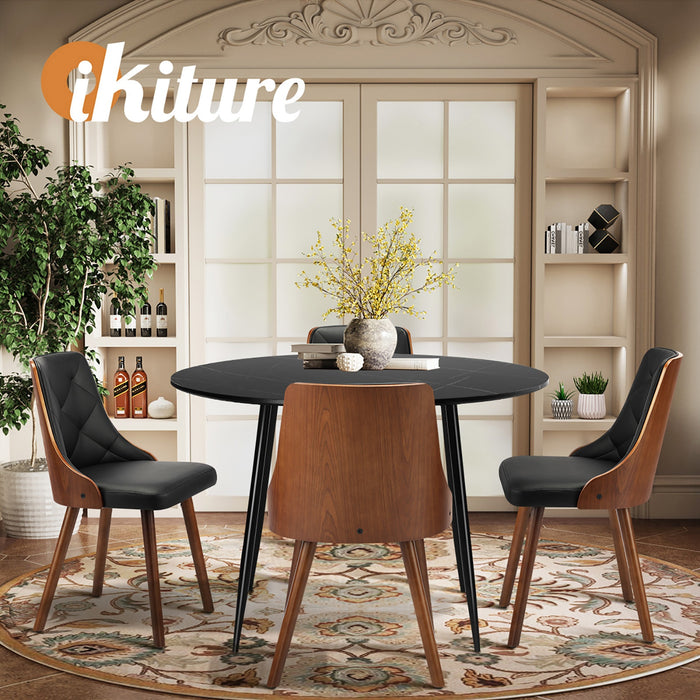 110Cm Round Dining Table With 4Pcs Dining Chairs Faux Leather Black