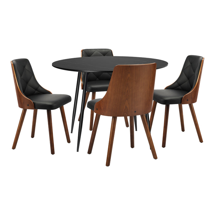 110Cm Round Dining Table With 4Pcs Dining Chairs Faux Leather Black