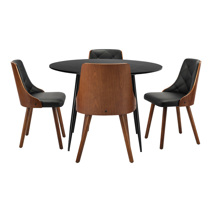 110Cm Round Dining Table With 4Pcs Dining Chairs Faux Leather Black