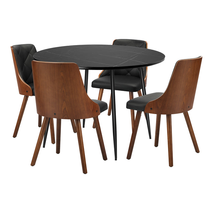 110Cm Round Dining Table With 4Pcs Dining Chairs Faux Leather Black