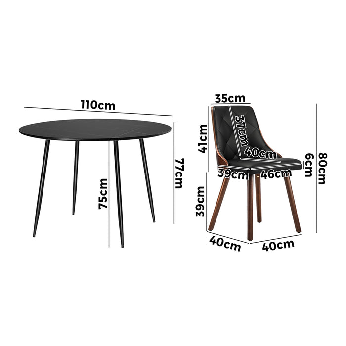 110Cm Round Dining Table With 4Pcs Dining Chairs Faux Leather Black