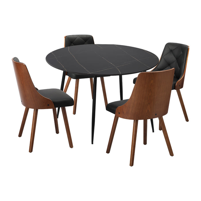 110Cm Round Dining Table With 4Pcs Dining Chairs Faux Leather Black