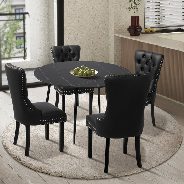 110Cm Round Dining Table With 4Pcs Dining Chairs Pu Leather Black
