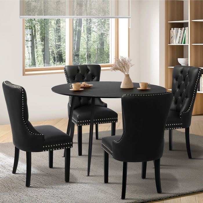 110Cm Round Dining Table With 4Pcs Dining Chairs Pu Leather Black