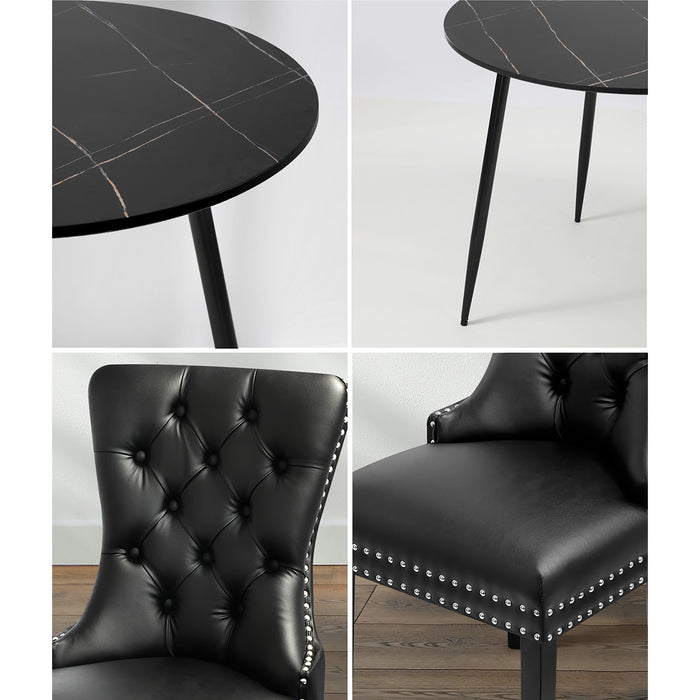 110Cm Round Dining Table With 4Pcs Dining Chairs Pu Leather Black