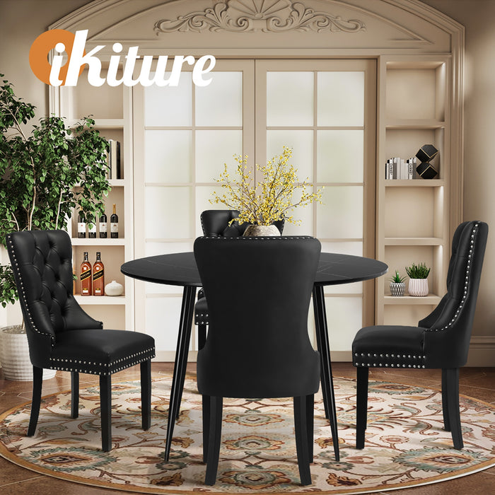 110Cm Round Dining Table With 4Pcs Dining Chairs Pu Leather Black