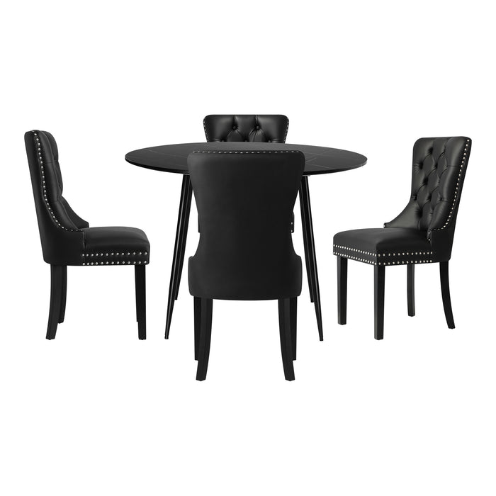 110Cm Round Dining Table With 4Pcs Dining Chairs Pu Leather Black