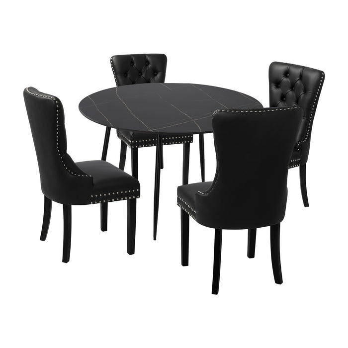 110Cm Round Dining Table With 4Pcs Dining Chairs Pu Leather Black
