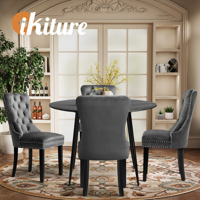 110Cm Round Dining Table With 4Pcs Dining Chairs Velvet Grey