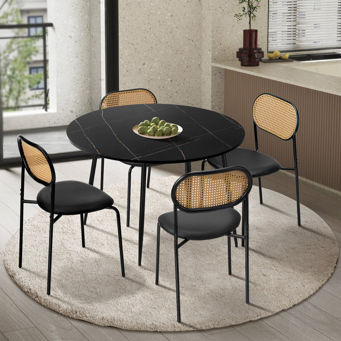 110Cm Round Dining Table With 4Pcs Dining Chairs Pu Leather Black