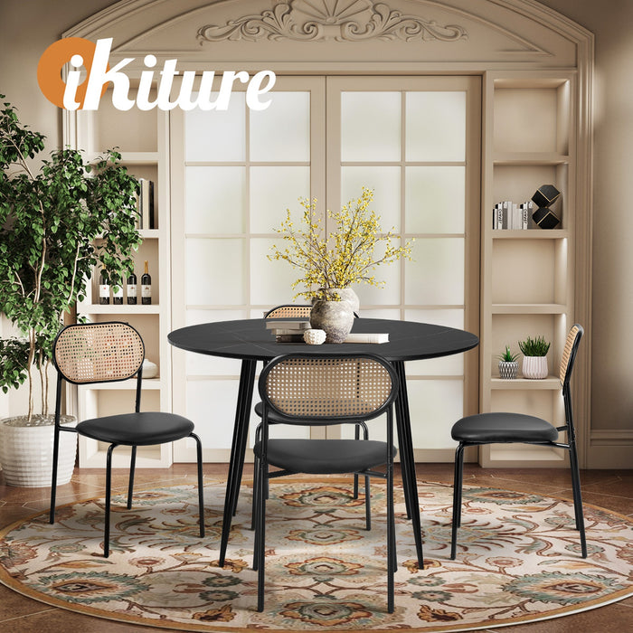 110Cm Round Dining Table With 4Pcs Dining Chairs Pu Leather Black