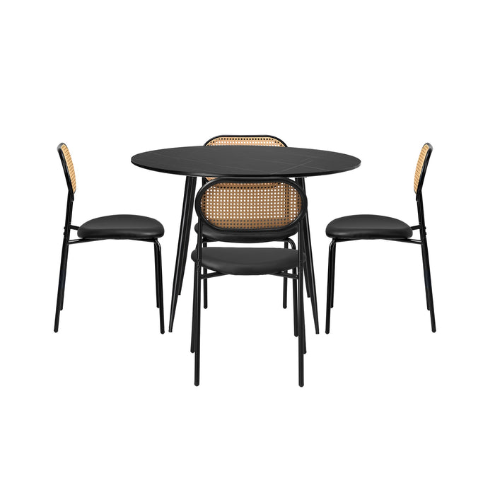 110Cm Round Dining Table With 4Pcs Dining Chairs Pu Leather Black