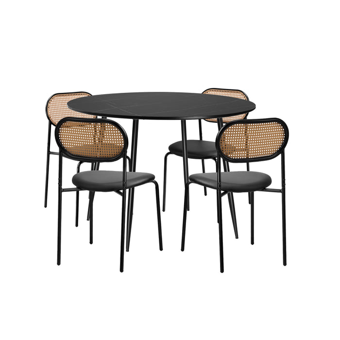 110Cm Round Dining Table With 4Pcs Dining Chairs Pu Leather Black