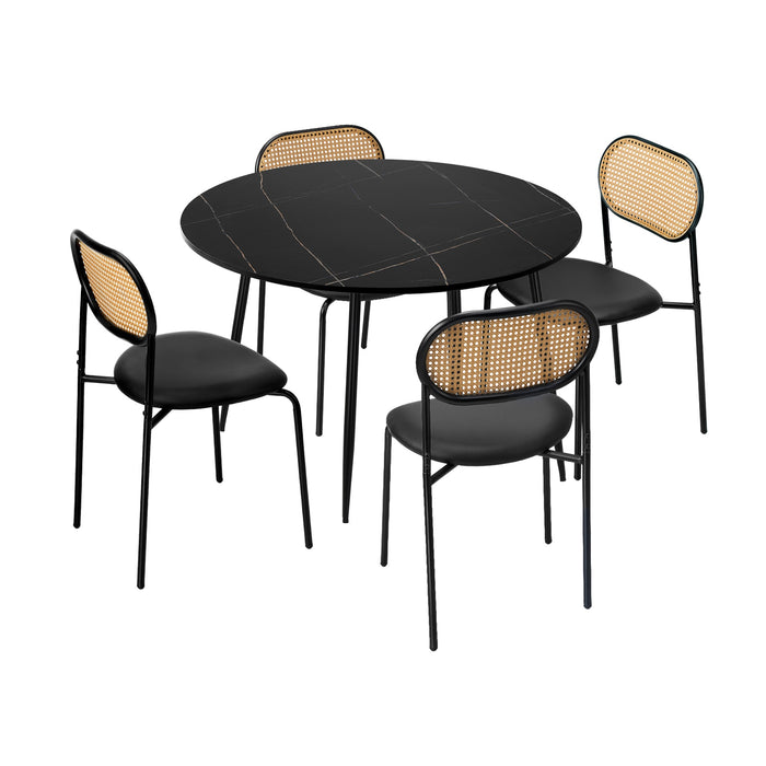 110Cm Round Dining Table With 4Pcs Dining Chairs Pu Leather Black