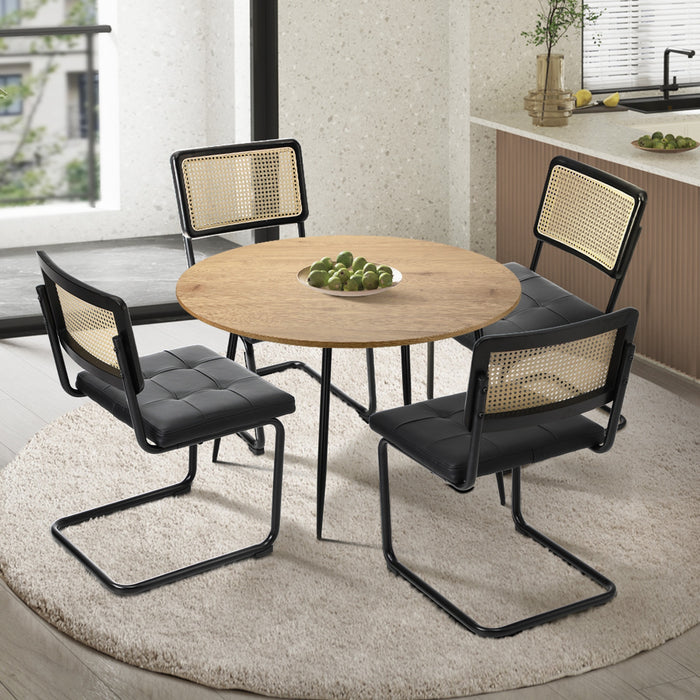 110Cm Round Dining Table With 4Pcs Dining Chairs Leather Padded Black