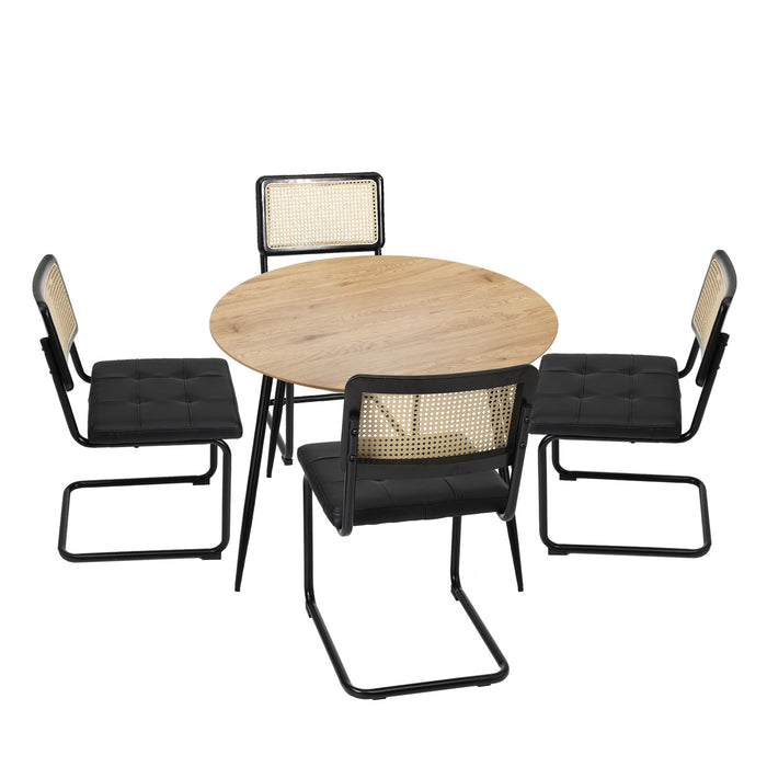 110Cm Round Dining Table With 4Pcs Dining Chairs Leather Padded Black