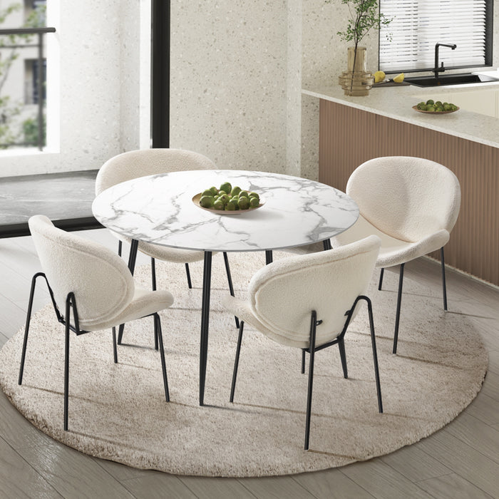 110Cm Round Dining Table With 4Pcs Dining Chairs White Sherpa