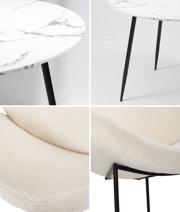 110Cm Round Dining Table With 4Pcs Dining Chairs White Sherpa