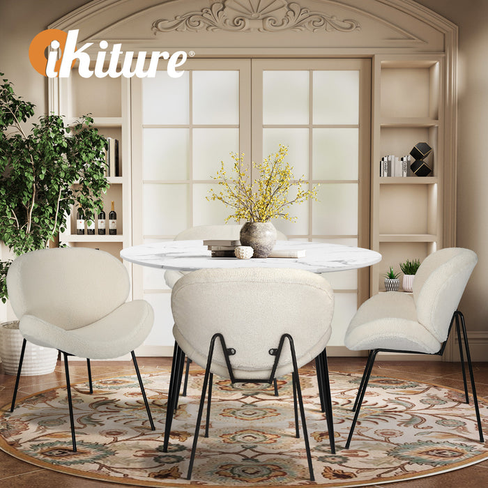110Cm Round Dining Table With 4Pcs Dining Chairs White Sherpa