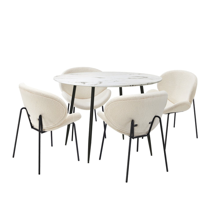 110Cm Round Dining Table With 4Pcs Dining Chairs White Sherpa