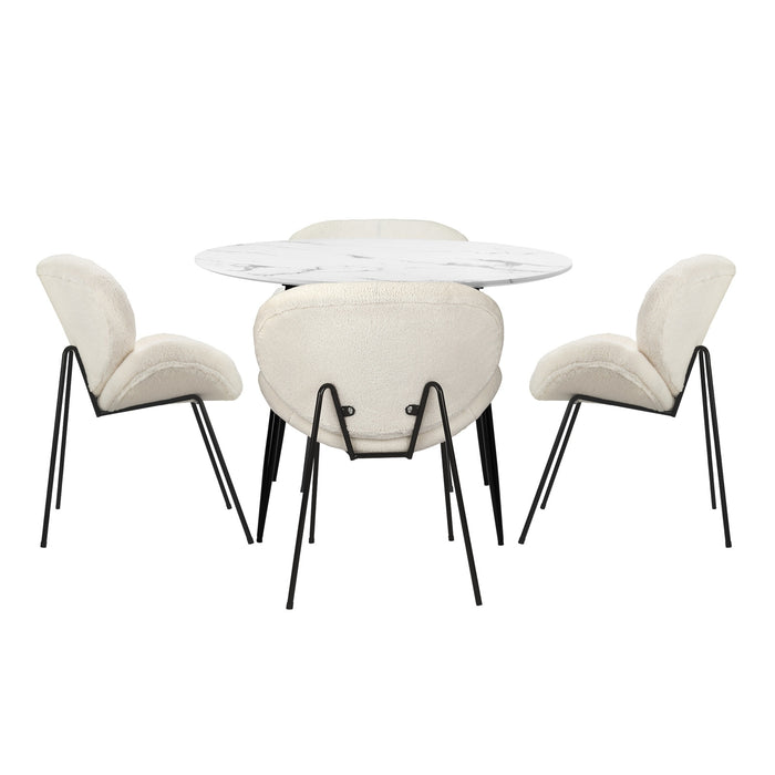 110Cm Round Dining Table With 4Pcs Dining Chairs White Sherpa