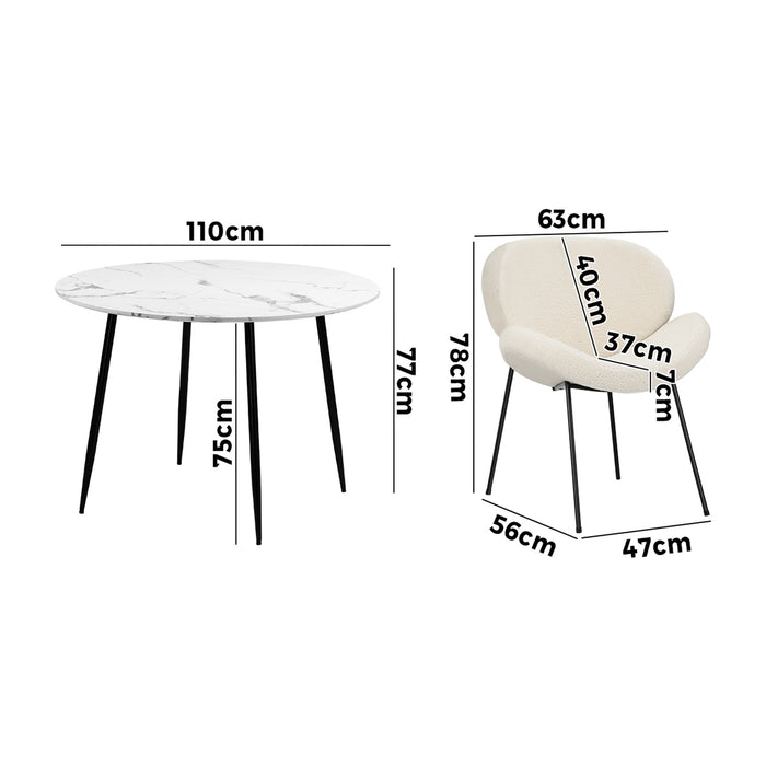110Cm Round Dining Table With 4Pcs Dining Chairs White Sherpa
