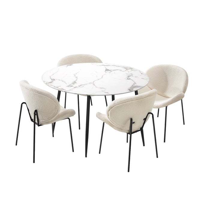 110Cm Round Dining Table With 4Pcs Dining Chairs White Sherpa