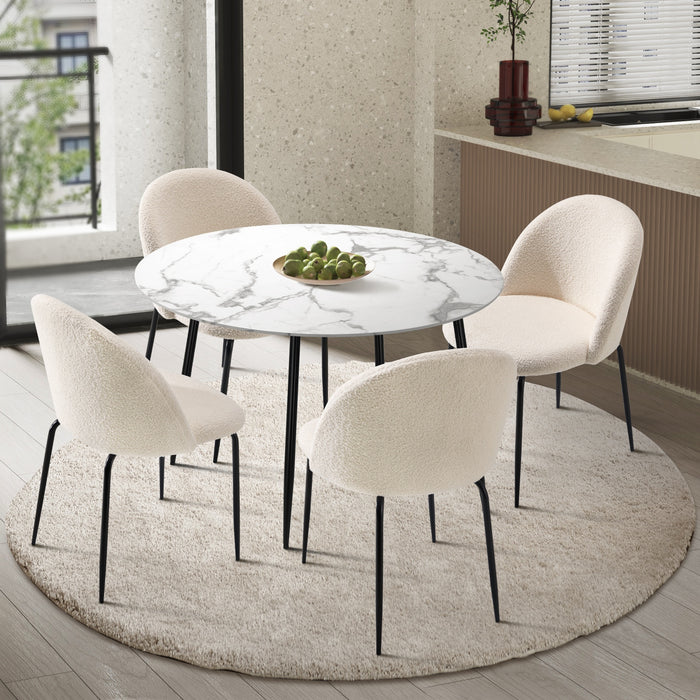110Cm Round Dining Table With 4Pcs Dining Chairs White Sherpa