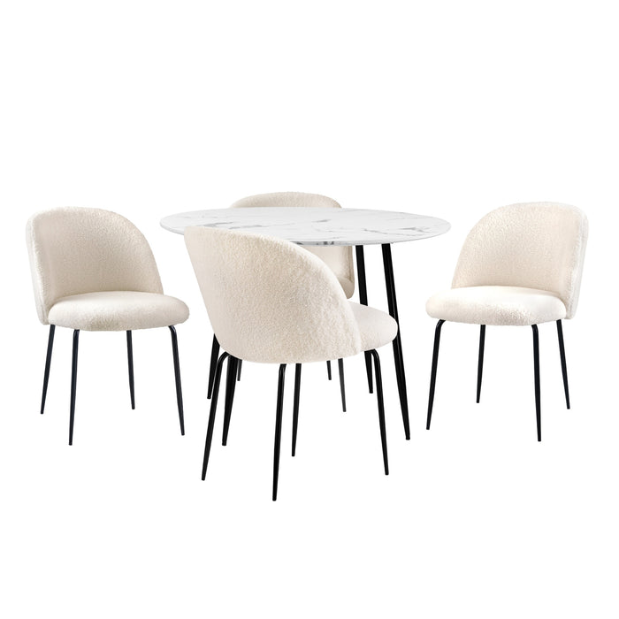 110Cm Round Dining Table With 4Pcs Dining Chairs White Sherpa