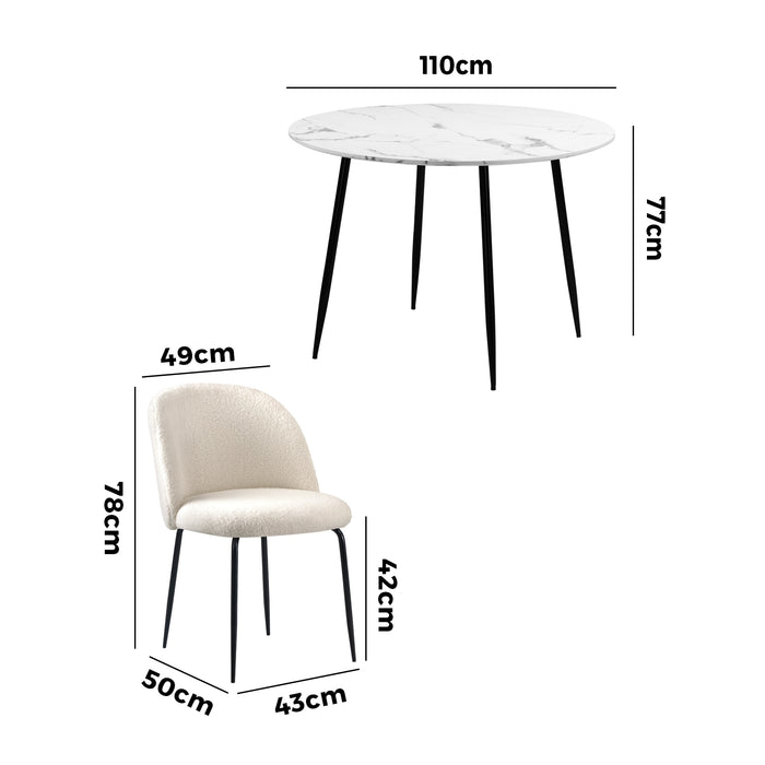 110Cm Round Dining Table With 4Pcs Dining Chairs White Sherpa