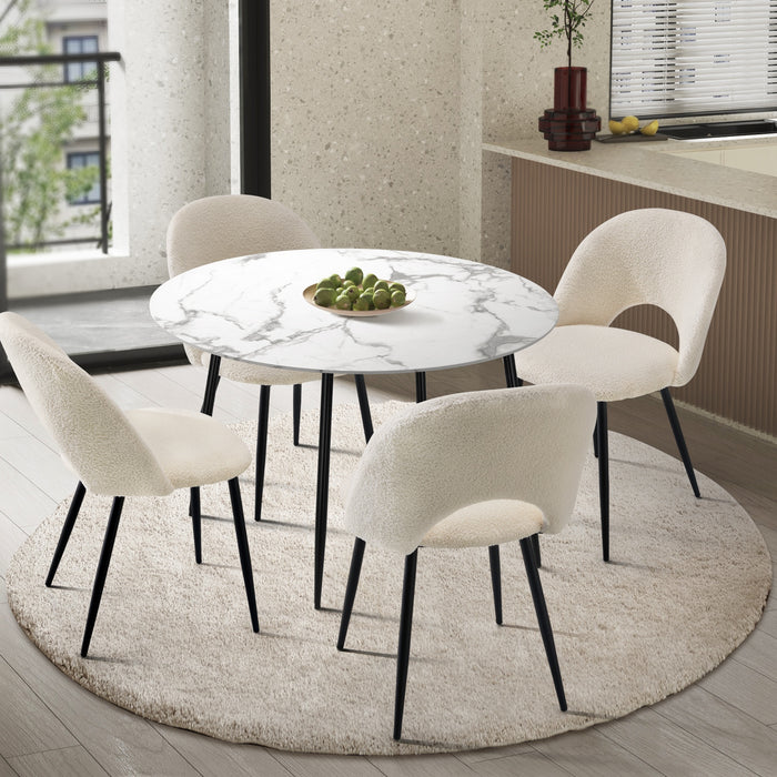 110Cm Round Dining Table With 4Pcs Dining Chairs White Sherpa