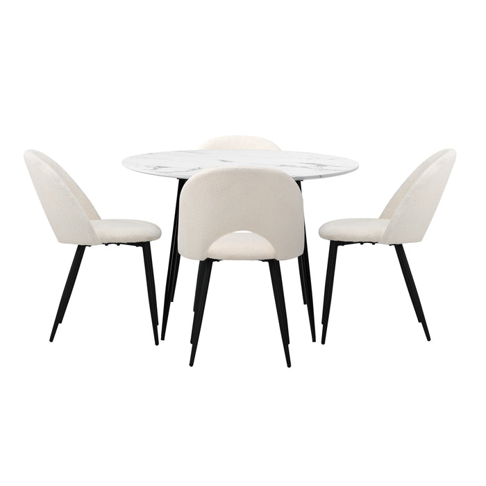 110Cm Round Dining Table With 4Pcs Dining Chairs White Sherpa