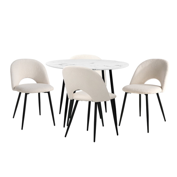 110Cm Round Dining Table With 4Pcs Dining Chairs White Sherpa