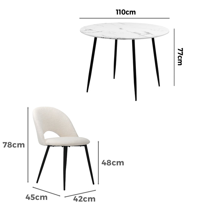 110Cm Round Dining Table With 4Pcs Dining Chairs White Sherpa