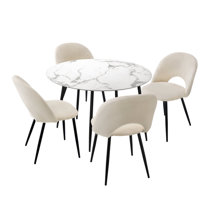 110Cm Round Dining Table With 4Pcs Dining Chairs White Sherpa