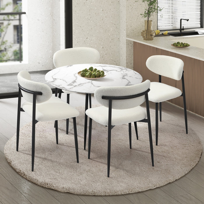 110Cm Round Dining Table With 4X Dining Chairs Boucle Black & White