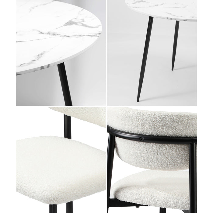 110Cm Round Dining Table With 4X Dining Chairs Boucle Black & White