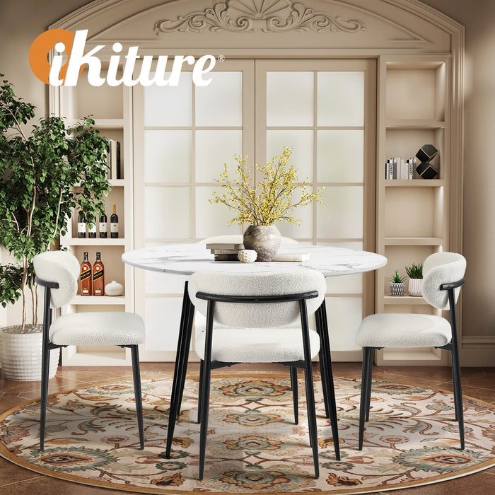 110Cm Round Dining Table With 4X Dining Chairs Boucle Black & White